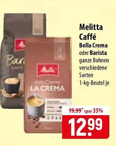 Melitta Caffé Bella Crema oder Barista ganze Bohnen verschiedene Sorten 1-kg-Beutel je