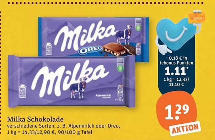 Milka Schokolade verschiedene Sorten, z. B. Alpenmilch oder Oreo, 1 kg = 14,33/12,90 € 90/100 g Tafel