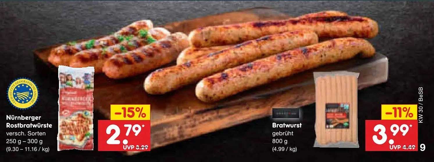 Nürnberger Rostbratwürste versch. Sorten 250 g – 300 g (9.30 – 11.16 / kg)