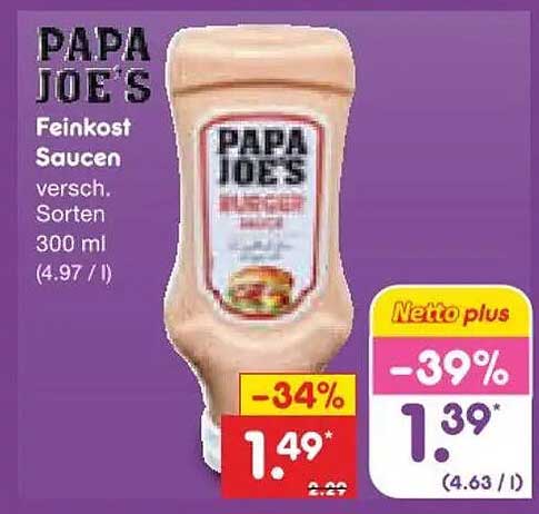 PAPA JOE’S Feinkost Saucen versch. Sorten 300 ml (4.97 / l)