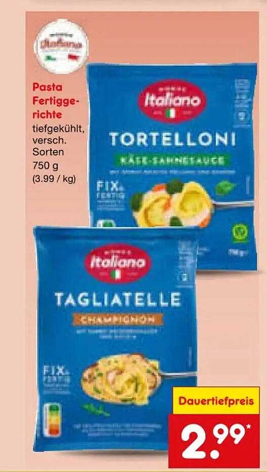 Pasta Fertiggerichte tiefgekühlt, versch. Sorten 750 g