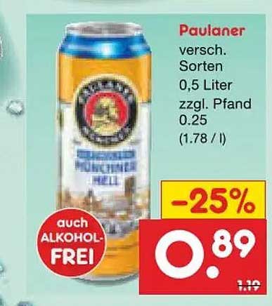 Paulaner versch. Sorten 0,5 Liter zzgl. Pfand 0.25 (1.78 / l)