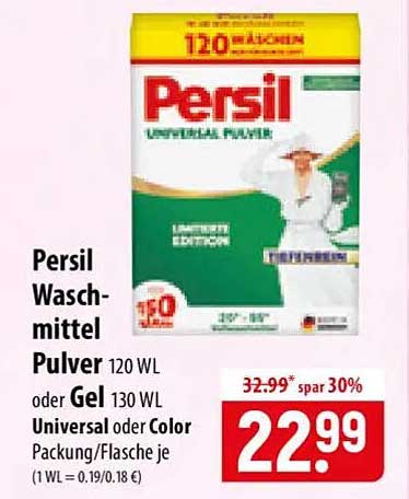 Persil Waschmittel Pulver 120 WL oder Gel 130 WL Universal oder Color Packung/Flasche je