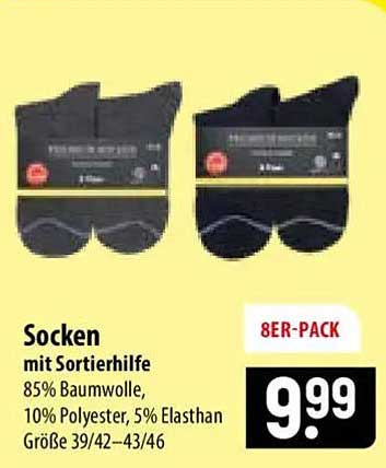 Socken mit Sortierhilfe 85% Baumwolle, 10% Polyester, 5% Elasthan Größe 39/42–43/46 8ER-PACK