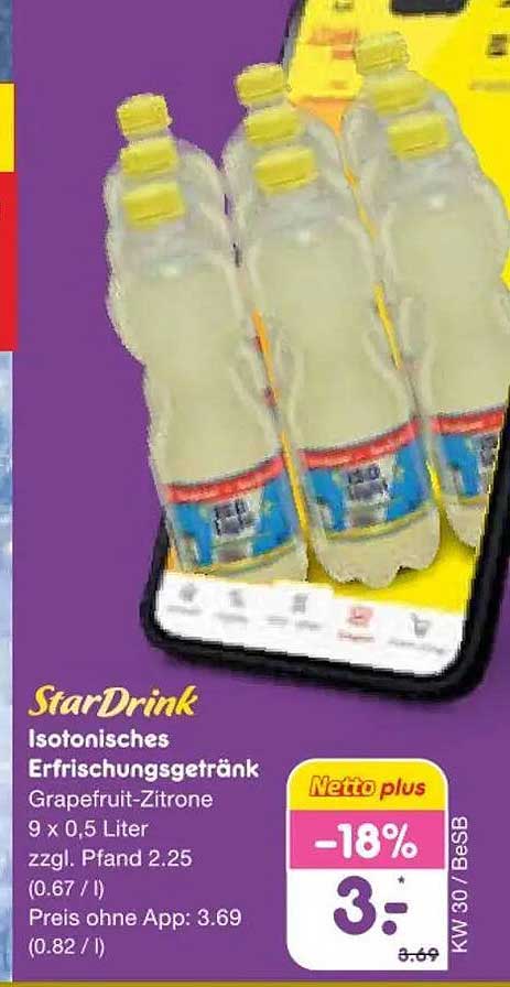 StarDrink Isotonisches Erfrischungsgetränk Grapefruit-Zitrone 9 x 0,5 Liter