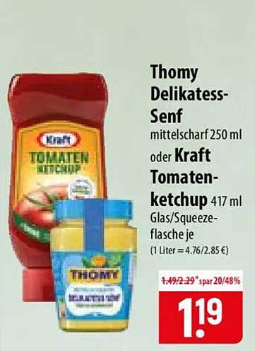 Thomy Delikatess-Senf mittelscharf 250 ml oder Kraft Tomaten-ketchup 417 ml Flasche/Squeeze-Flasche je