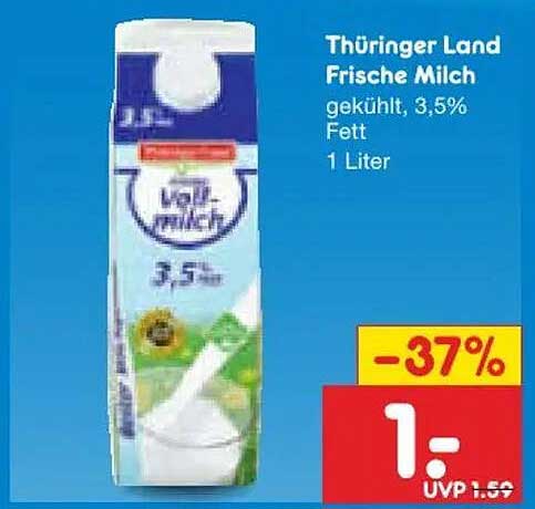 Thüringer Land Frische Milch gekühlt, 3,5% Fett 1 Liter