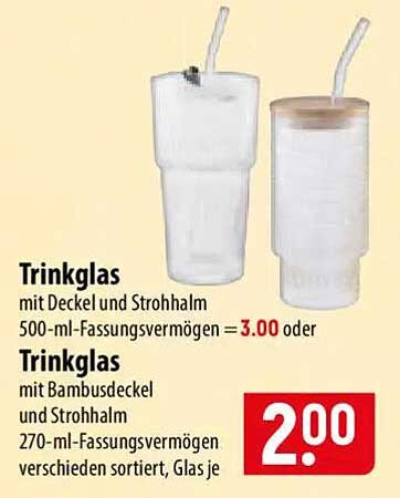Trinkglas mit Bambusdeckel und Strohhalm 270-ml-Fassungsvermögen verschieden sortiert, Glas je
