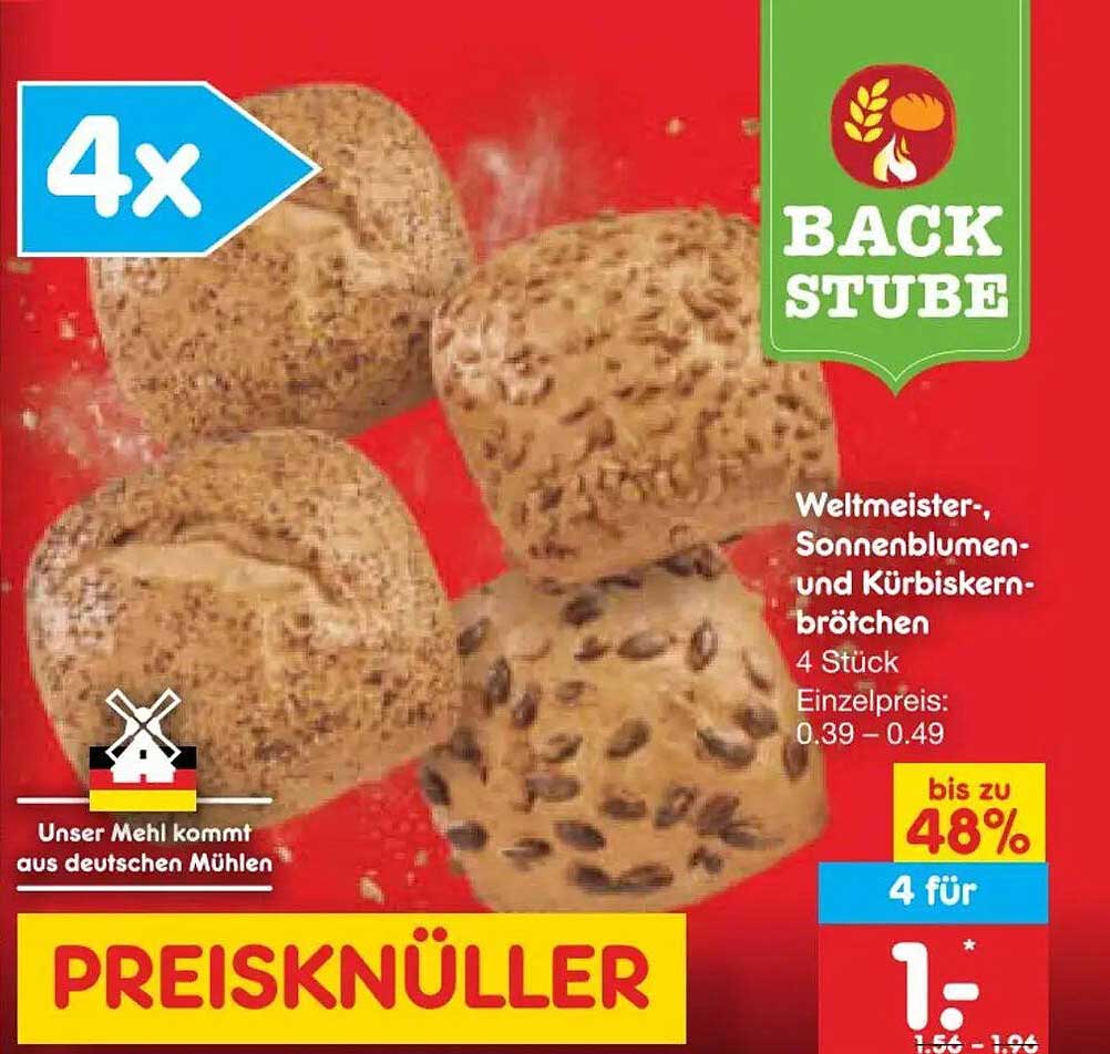 Weltmeister-, Sonnenblumen- und Kürbiskernbrötchen 4 Stück