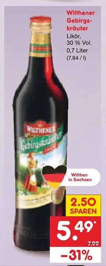 Wilthener Gebirgs-Kräuter Likör, 30 % Vol., 0,7 Liter