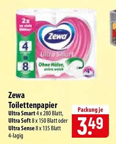 Zewa Toilettenpapier Ultra Smart 4 x 280 Blatt, Ultra Soft 8 x 150 Blatt oder Ultra Sense 8 x 135 Blatt 4-lagig