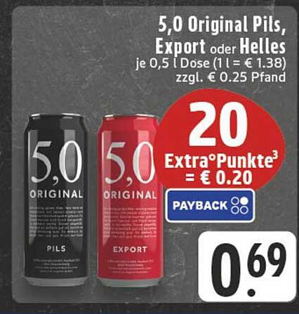 5,0 Original Pils, Export oder Helles je 0,5 l Dose