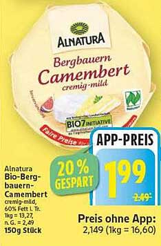 Alnatura Bio-Bergbauern-Camembert cremig-mild 150g Stück