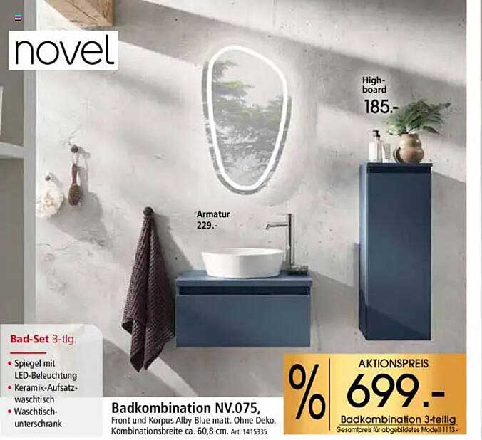 Badkombination NV.075, Front und Korpus Alby Blue matt. Ohne Deko.