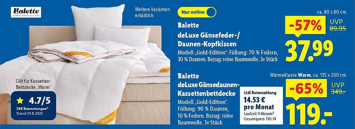 Balette deLuxe Gänsefedern-/Daunen-Kopfkissen und Gänsedaunen-Kassettenbettdecke
