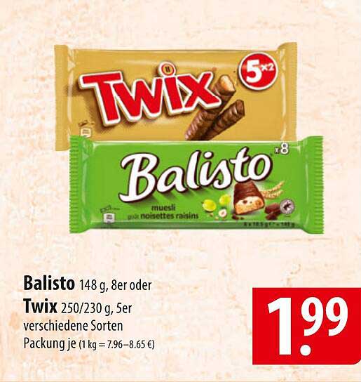 Balisto 148 g, 8er oder Twix 250/230 g, 5er verschiedene Sorten