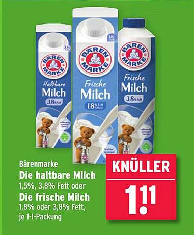 Bärenmarke Die haltbare Milch 1,5%, 3,8% Fett oder Die frische Milch 1,8% oder 3,8% Fett, je 1-l-Packung