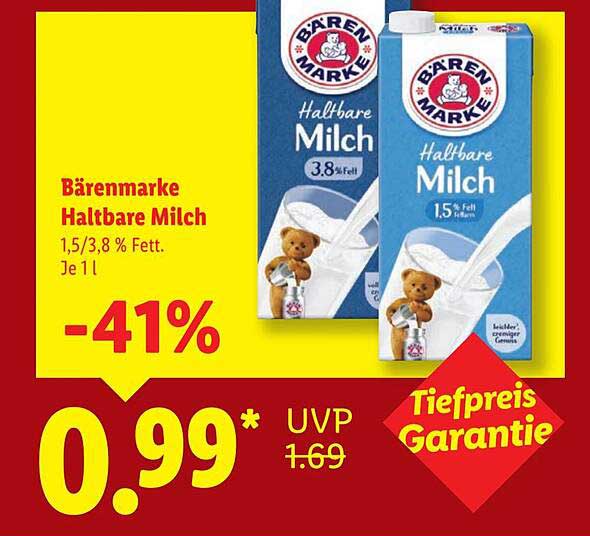 Bärenmarke Haltbare Milch 1,5/3,8 % Fett Je 1l