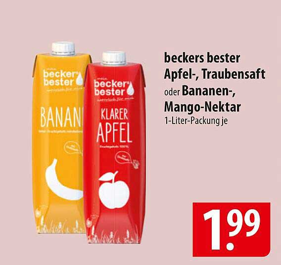 beckers bester Apfel-, Traubensaft oder Bananen-, Mango-Nektar 1-Liter-Packung je