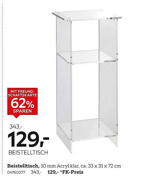 Beistelltisch, 10 mm Acryl klar, ca. 33 x 31 x 72 cm