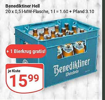 Benediktiner Hell - 20 x 0,5 l MW-Flasche + 1 Bierkrug gratis