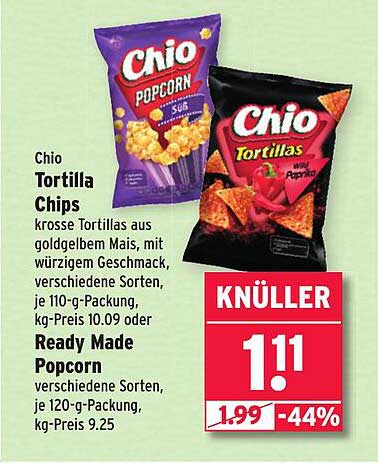 Chio Tortilla Chips und Ready Made Popcorn