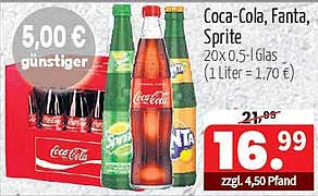 Coca-Cola, Fanta, Sprite - 20 Flaschen à 0,5 l für nur 16,99 €