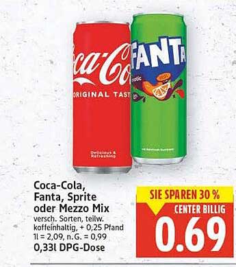 Coca-Cola, Fanta, Sprite oder Mezzo Mix 0,33l DPG-Dose