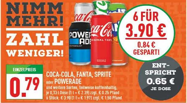 Coca-Cola, Fanta, Sprite oder Powerade - 6 Dosen für 3,90 €