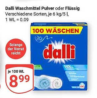 Dalli Waschmittel Pulver oder Flüssig – 6 kg/5 l, je 100 WL = 0,09