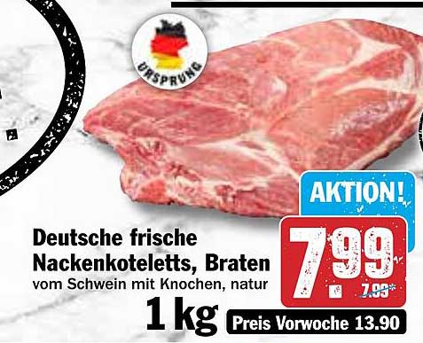 Deutsche frische Nacken koteletts, Braten vom Schwein mit Knochen, natur