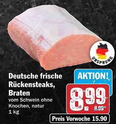 Deutsche frische Rückensteaks, Braten vom Schwein ohne Knochen, natur 1 kg