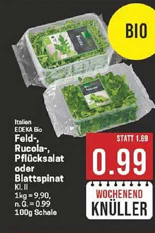 EDEKA Bio Feld-, Rucola-, Pflücksalat oder Blattspinat K.II, 100g Schale