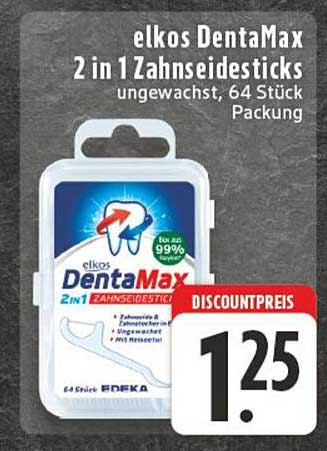 elkos DentaMax 2 in 1 Zahnseidesticks, ungewachst, 64 Stück Packung