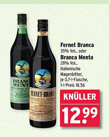 Fernet Branca 35% Vol. oder Branca Menta 28% Vol. italienische Magenbitter, je 0,7-l-Flasche