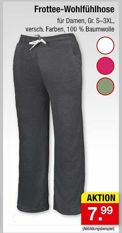 Frottee-Wohlfühlhose für Damen, Gr. S–3XL, verschieden Farbvarianten, 100 % Baumwolle