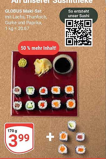 GLOBUS Maki-Set mit Lachs, Thunfisch, Gurke und Paprika (170 g)