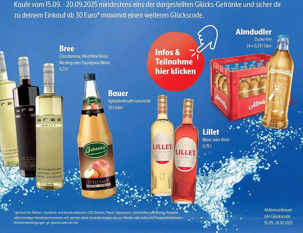 Glücksgetränke-Angebot: Bree, Bauer und Lillet von 15.09. bis 20.09.2025