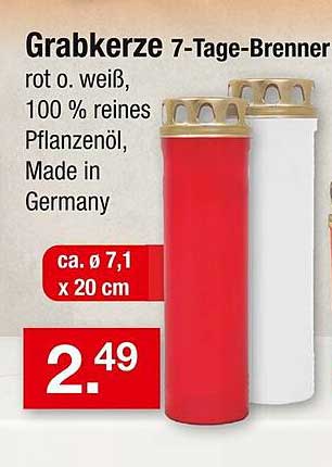 Grabkerze 7-Tage-Brenner rot o. weiß, 100 % reines Pflanzenöl