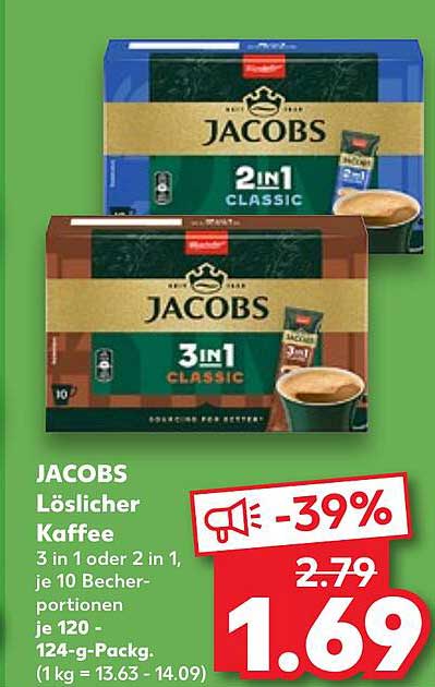 JACOBS Löslicher Kaffee 3in1 oder 2in1, je 10 Becherportionen