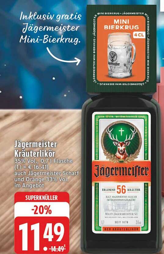 Jägermeister Kräuterlikör 35% Vol. - 0,7 l Flasche inkl. gratis Mini Bierkrug