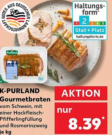 K-PURLAND Gourmetbraten vom Schwein, mit einer Hackfleisch-Pfefferringfüllung und Rosmarinzweig je kg