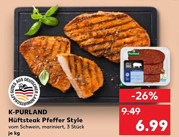 K-PURLAND Hüftsteak Pfeffer Style vom Schwein, mariniert, 3 Stück je kg