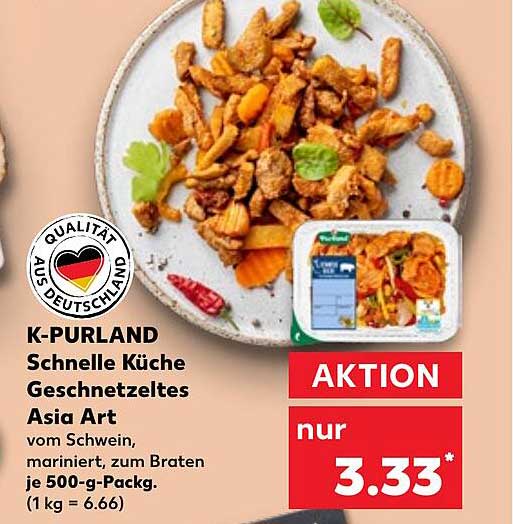 K-PURLAND Schnelle Küche Geschnetzeltes Asia Art vom Schwein, mariniert, zum Braten je 500-g-Packg.