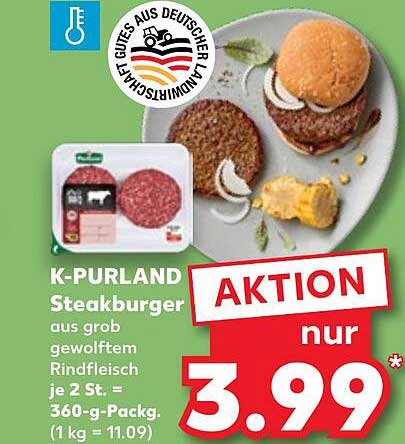 K-PURLAND Steakburger aus grob gewölftem Rindfleisch je 2 St. – 360-g-Packung