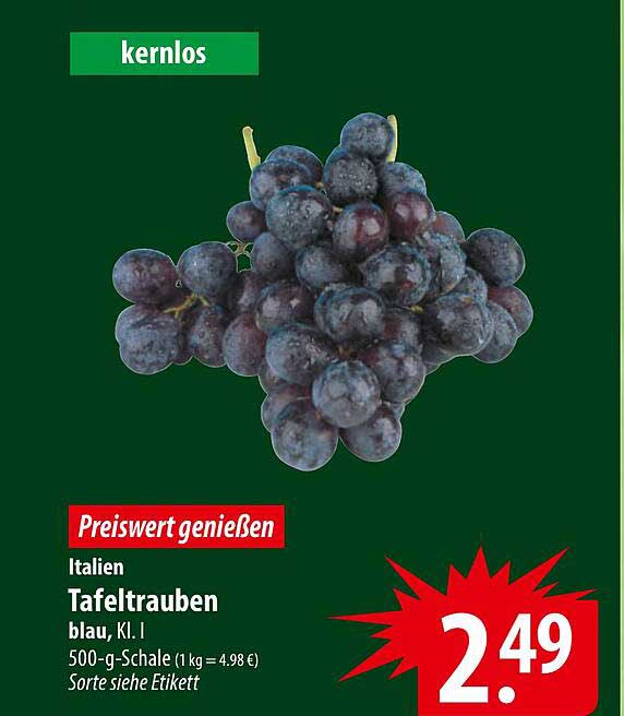 Kernlose blaue Tafeltrauben aus Italien - 500-g-Schale