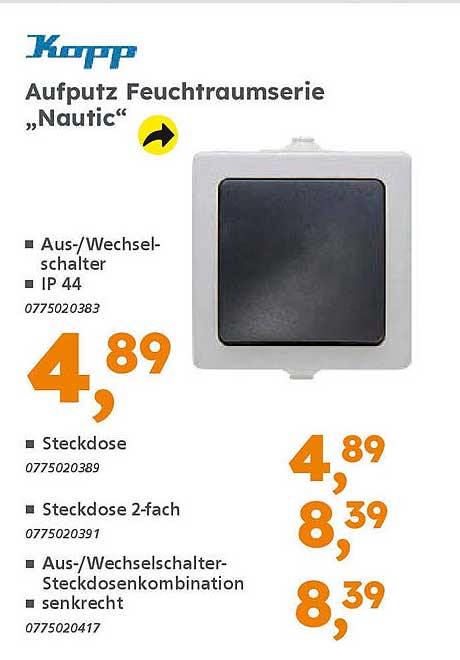 Kopp Aufputz Feuchtraumserie „Nautic“ – Aus/Wechselschalter IP 44, Steckdosen und mehr