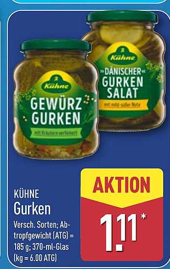 KÜHNE Gurken - versch. Sorten; Abtropfgewicht (ATG) = 185 g; 370-ml-Glas