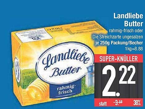 Landliebe Butter rahmig-frisch oder die Streichzarte ungesalzen je 250g Packung/Becher