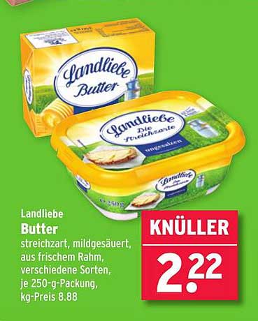 Landliebe Butter, streichzart, mildgesäuert, aus frischem Rahm, verschiedene Sorten, je 250-g-Packung